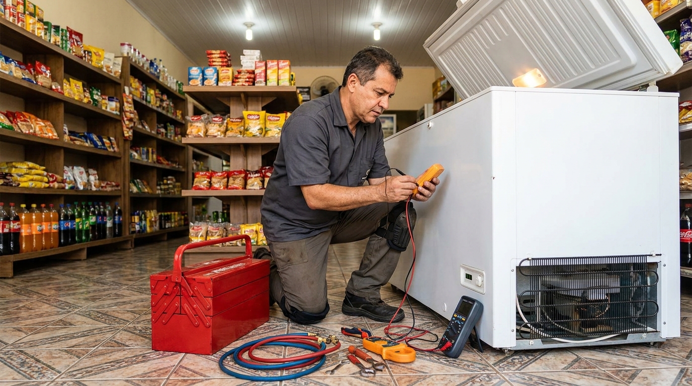 Recarga de gás refrigerante no freezer durante atendimento em São José dos Campos‑SP